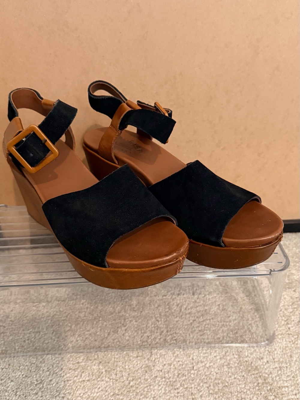 Kork-Ease Black and Brown Suede Wedge Sandals with Buckle